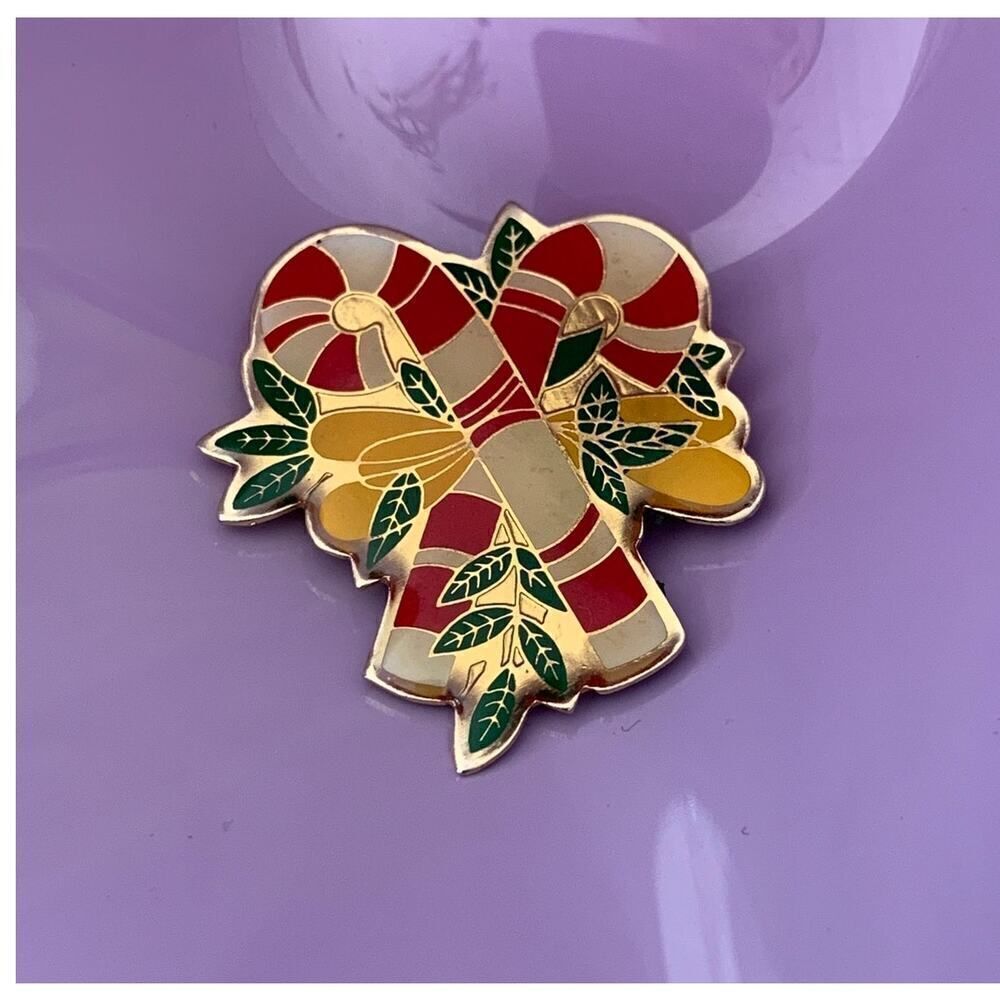 Vintage Enamel Candy Canes' Bouquet Brooch, in Gold tone, Unmarked